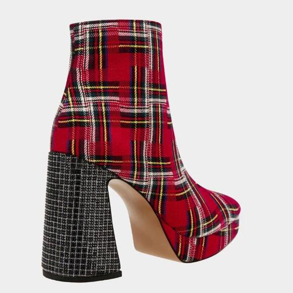 BETSEY JOHNSON WOMEN'S PLATFORM HEEL BOOTS RAYLAN WITH RHINESTONES RED PLAID 10M - Picture 8 of 9
